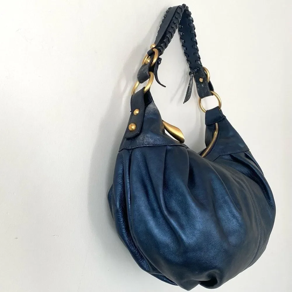 Francisco Biasia Elegant Navy Leather Hobo Bag Gold Tone Hardware Made in Italy